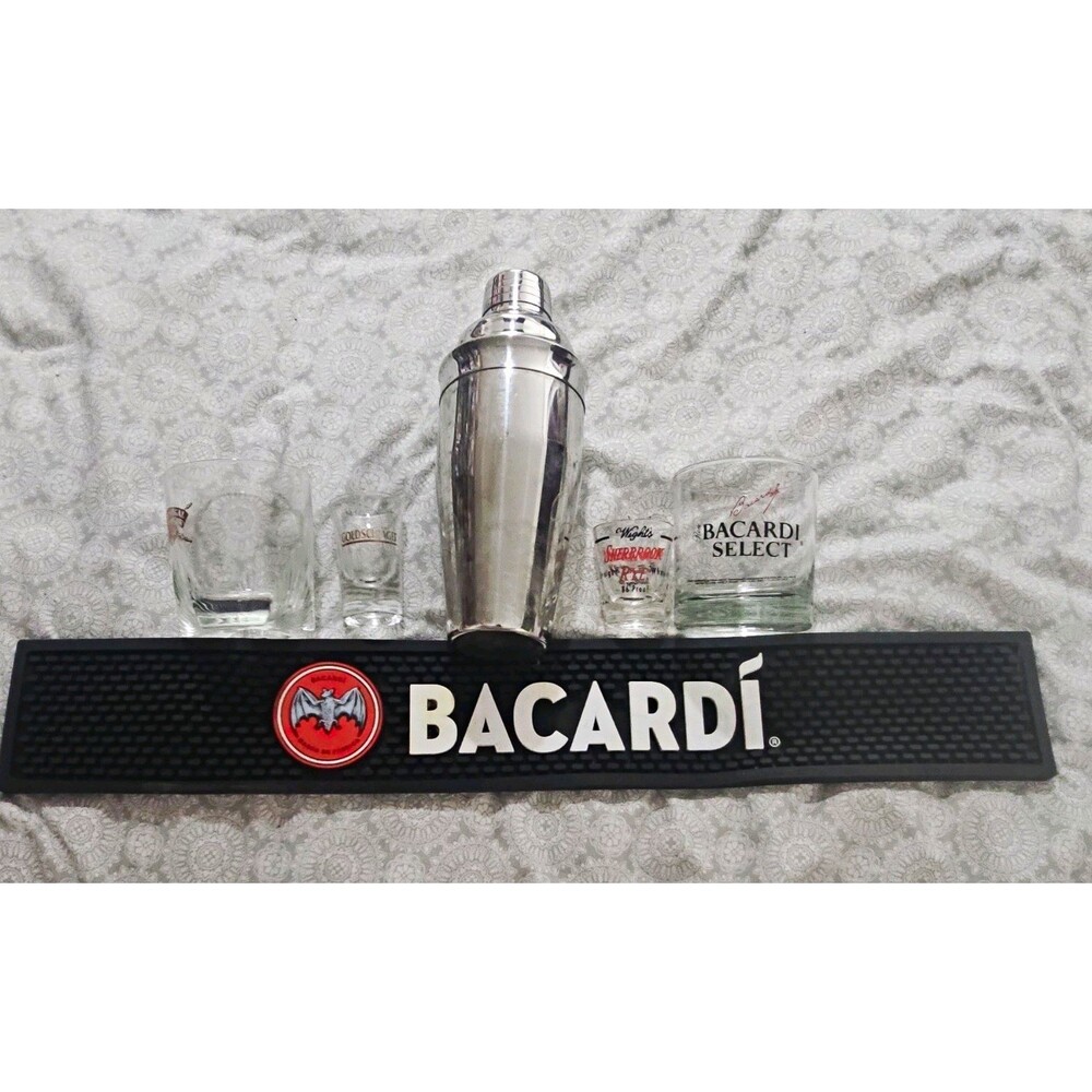 Bacardi 6pc Bar Set Stainless Cocktail Shaker, Bar Mat, Rocks & Shot Glasses